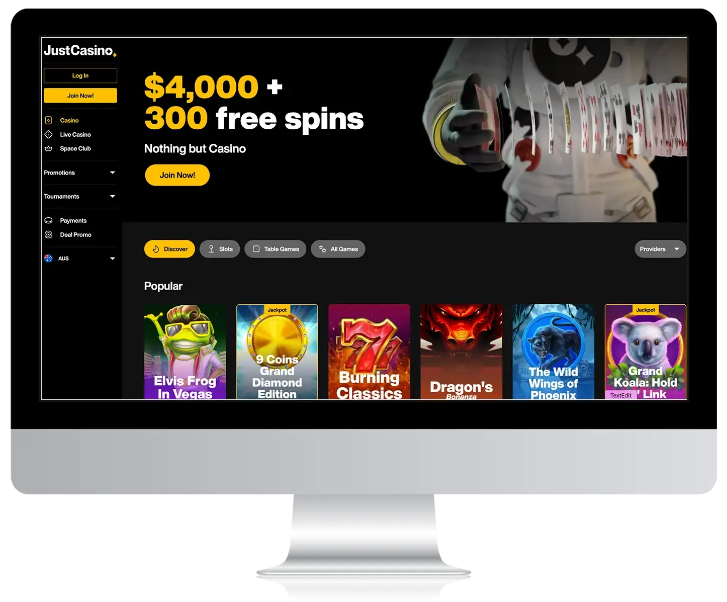 Screenshot of Just Casino's website homepage showing game lobby and promotional banners