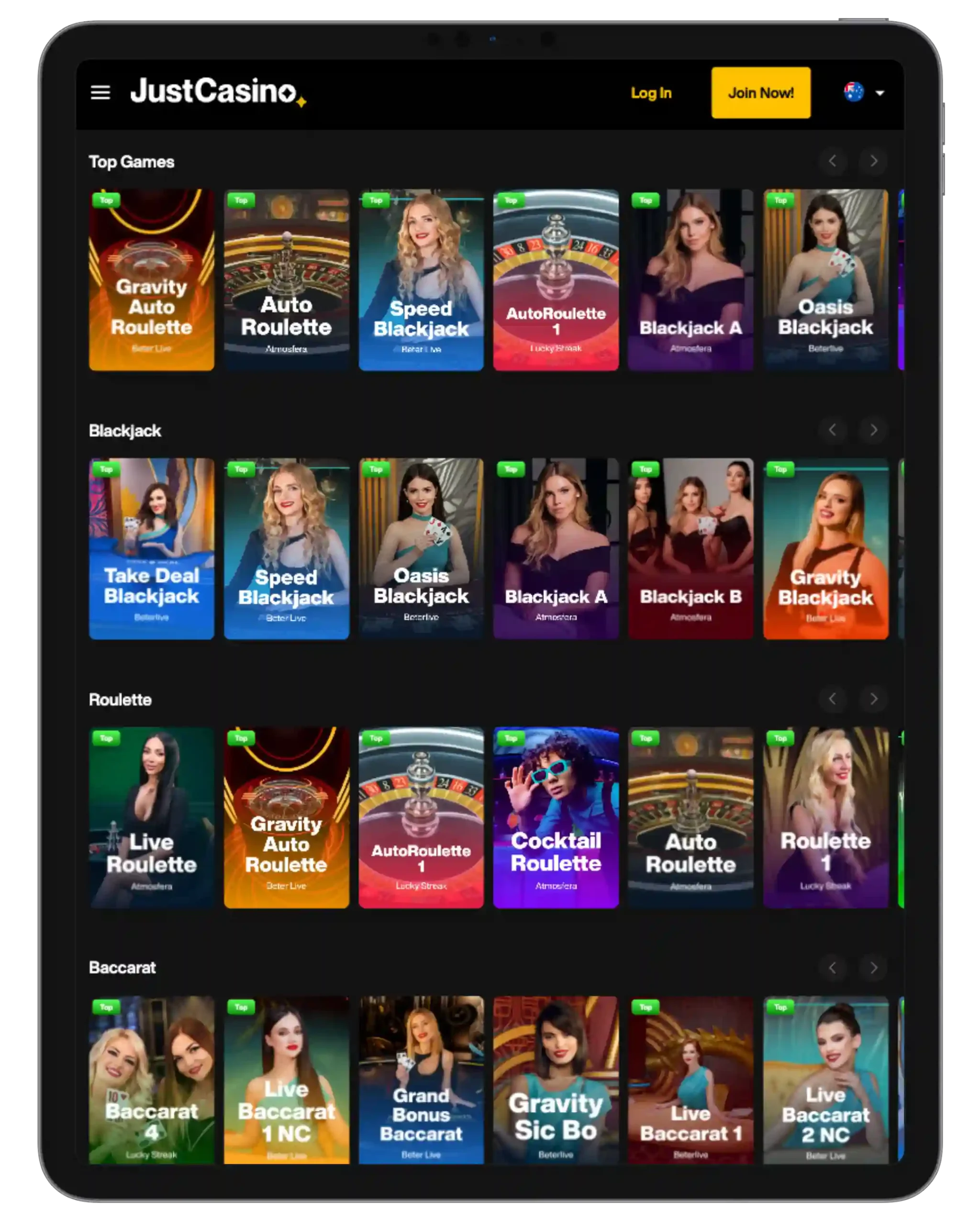 A view of virtual table games including roulette and blackjack at Just Casino, highlighting game variety