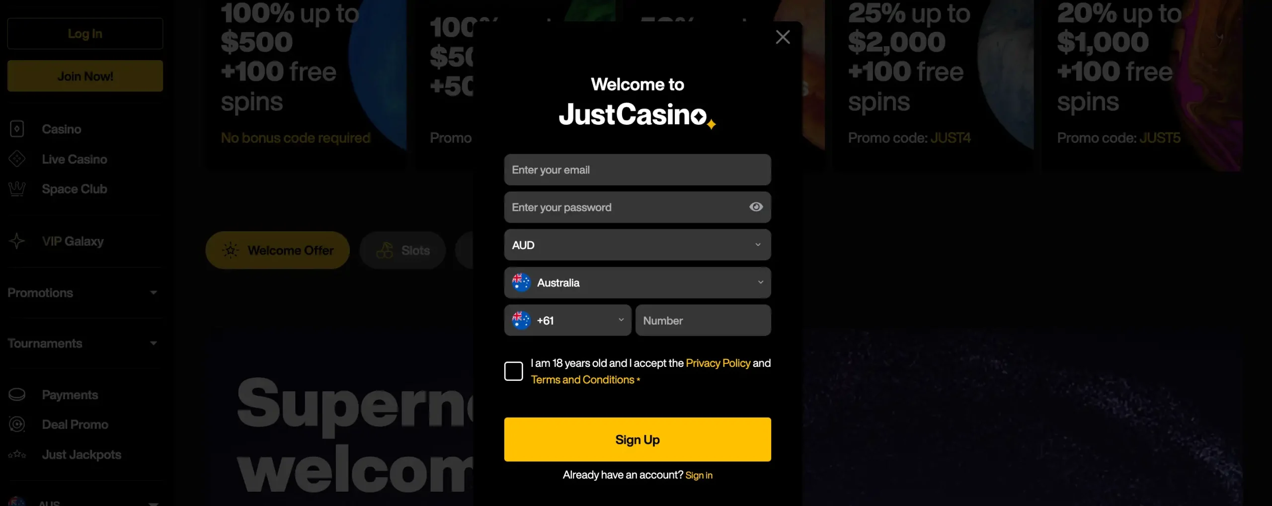 Screenshot of the Just Casino game lobby interface on a desktop